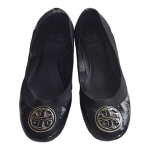 Tory Burch Caroline Ballet Flats 6M Black Women Naplak Elastic Patent Leather